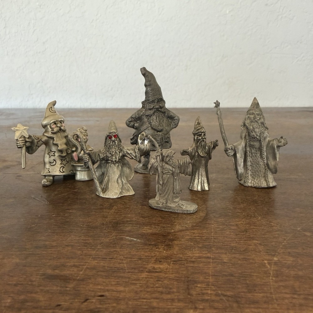 VTG Pewter Wizard Gnome Figurines Lot of 6 Spoontiques Fantasy Crystal USA